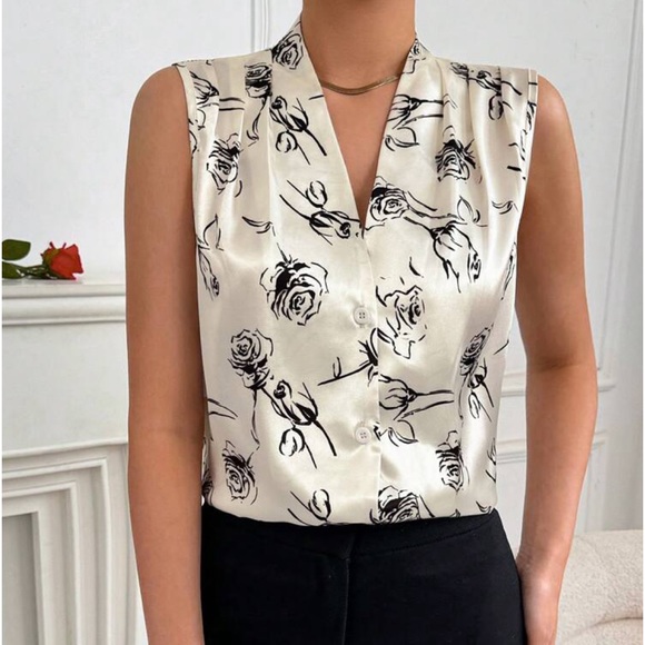 Classic Elegant Rose Floral Print Sleeveless V Neck Button Down Shirt Top Blouse - Picture 1 of 4